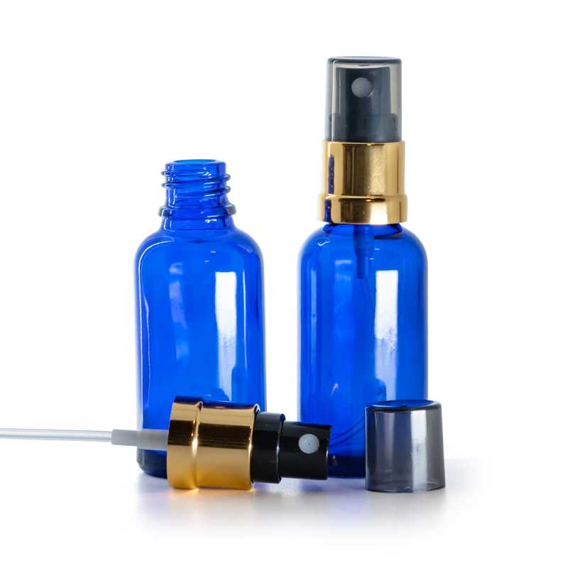 Flacon en verre bleu, pompe spray noir et or avec overcap fumé, 30 ml