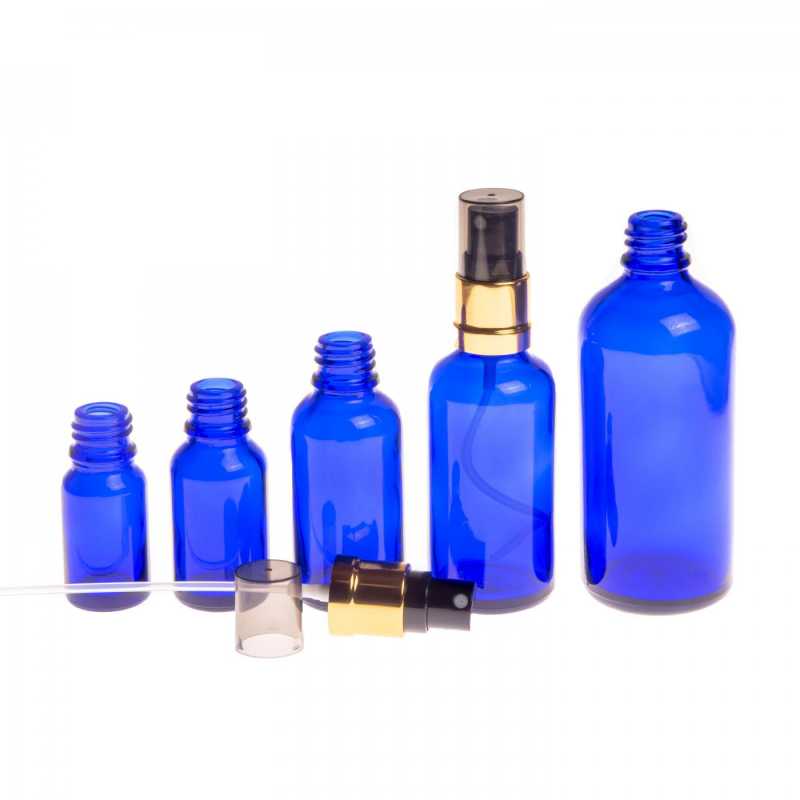 Flacon en verre bleu, spray noir or brillant, surcapuchon fumé, 30 ml