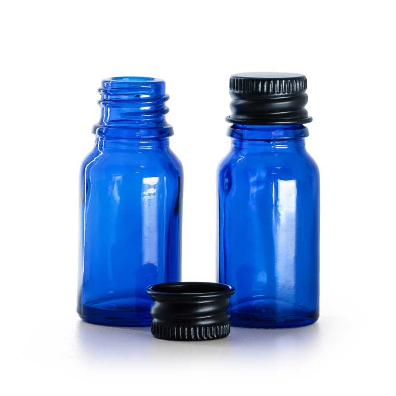 Flacon en verre bleu, bouchon en aluminium noir, 10 ml
