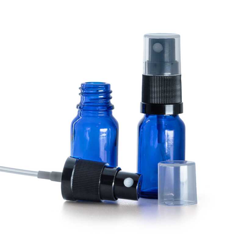 Flacon en verre bleu, spray noir, 10 ml
