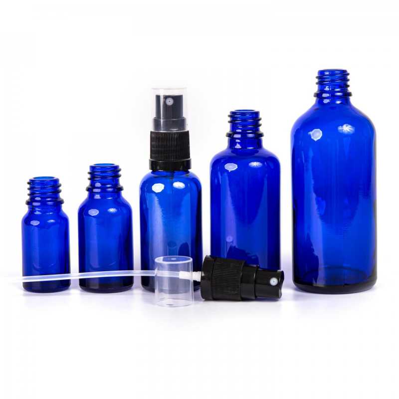 Bouteille en verre bleu, spray noir, 50 ml