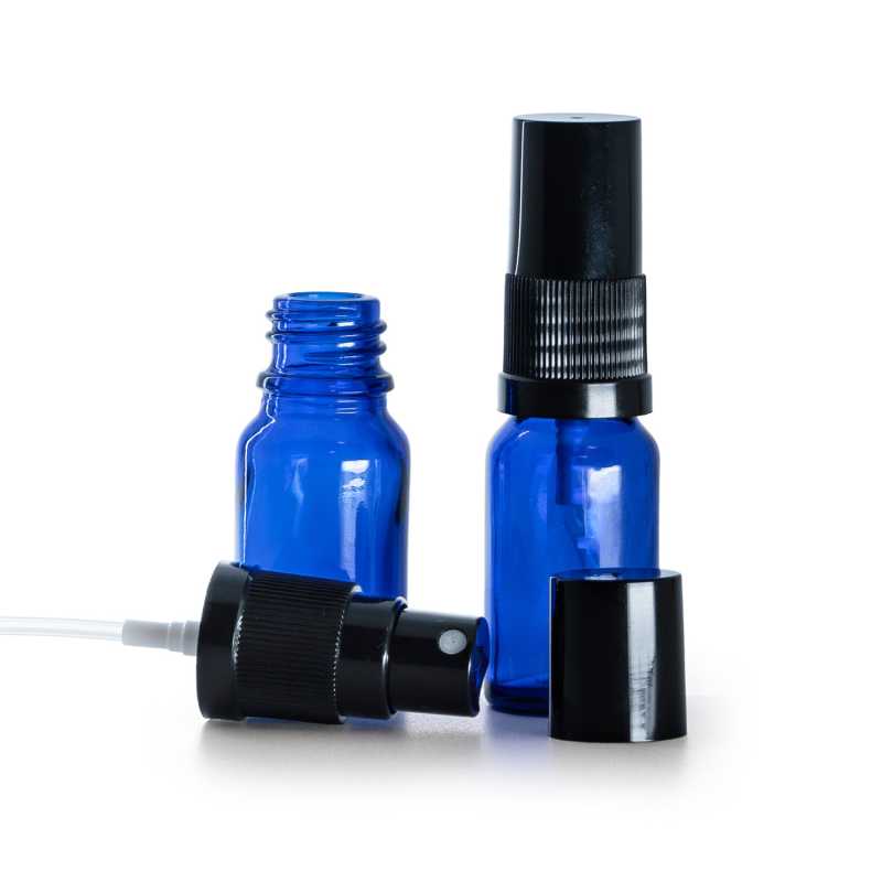 Flacon en verre bleu, vaporisateur noir, bouchon noir, 10 ml