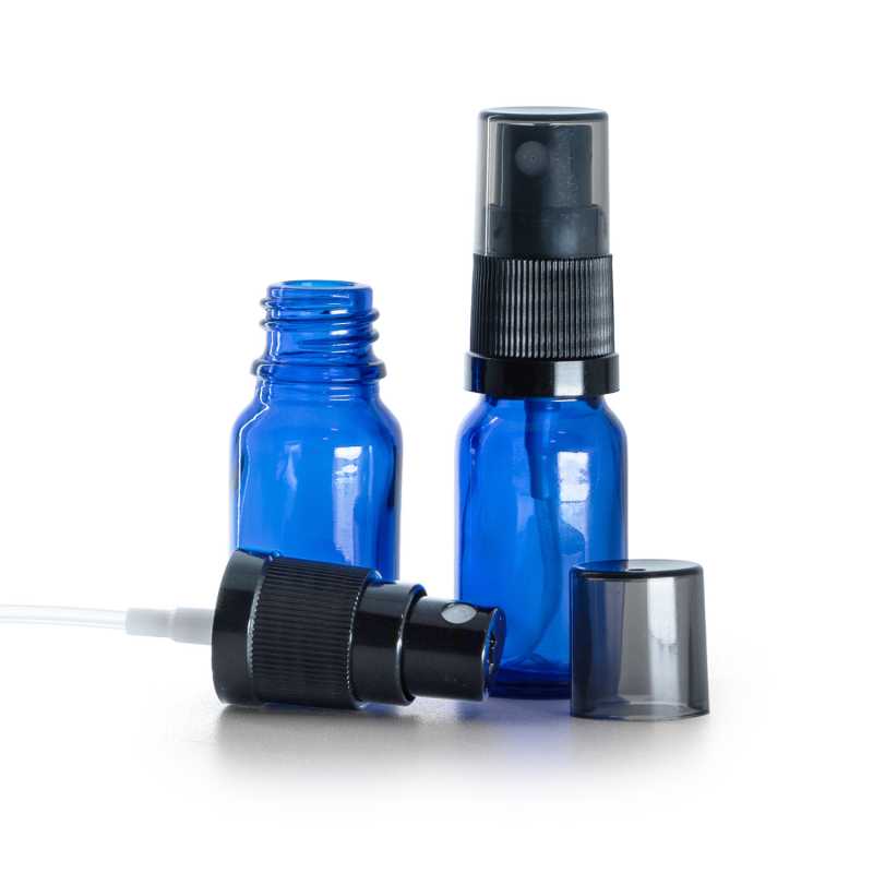 Flacon en verre bleu, spray brume fine noir avec surcapuchon fumé, 10 ml
