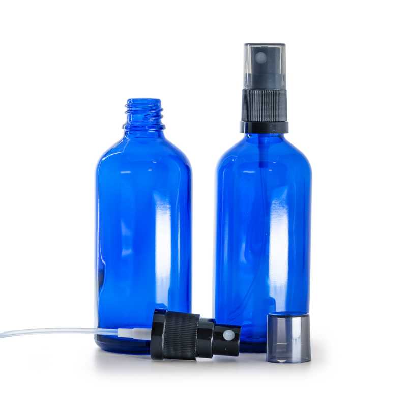 Flacon en verre bleu, spray brume fine noir, surcapuchon fumé, 100 ml