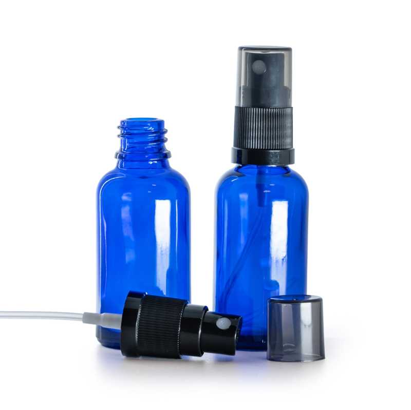 Flacon en verre bleu, spray brume fine noir, surcapuchon fumé, 30 ml