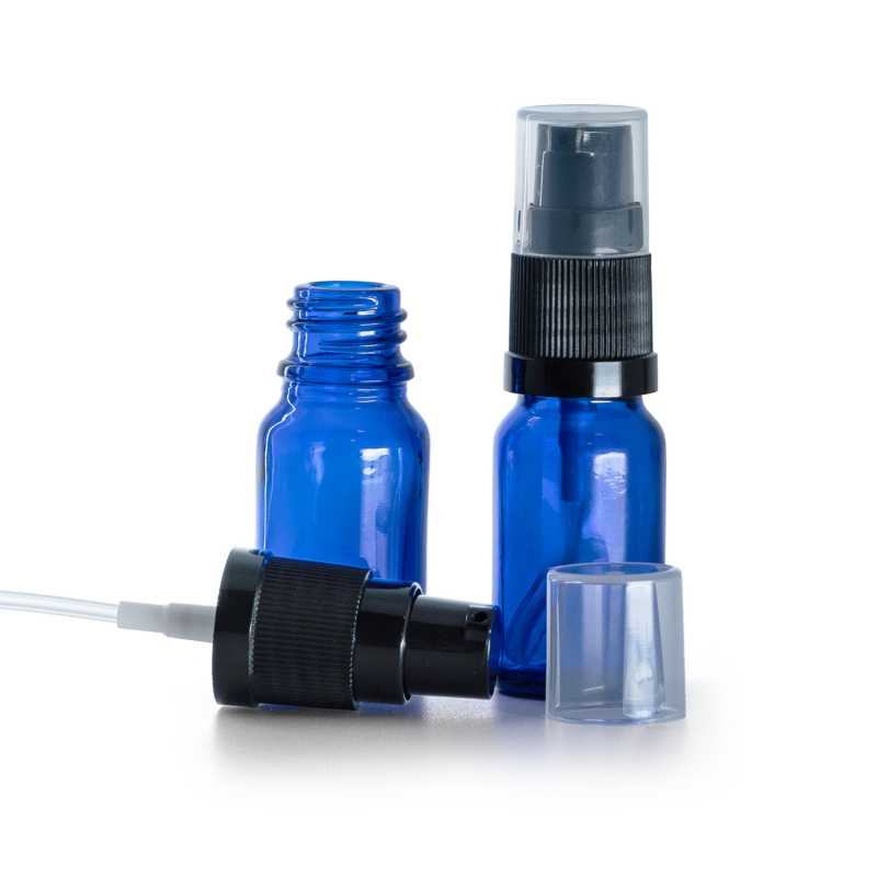 Flacon en verre bleu, pompe à lotion, 10 ml