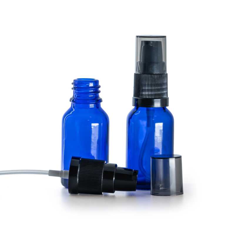 Flacon en verre bleu, pompe lotion avec capot fumé, 15 ml