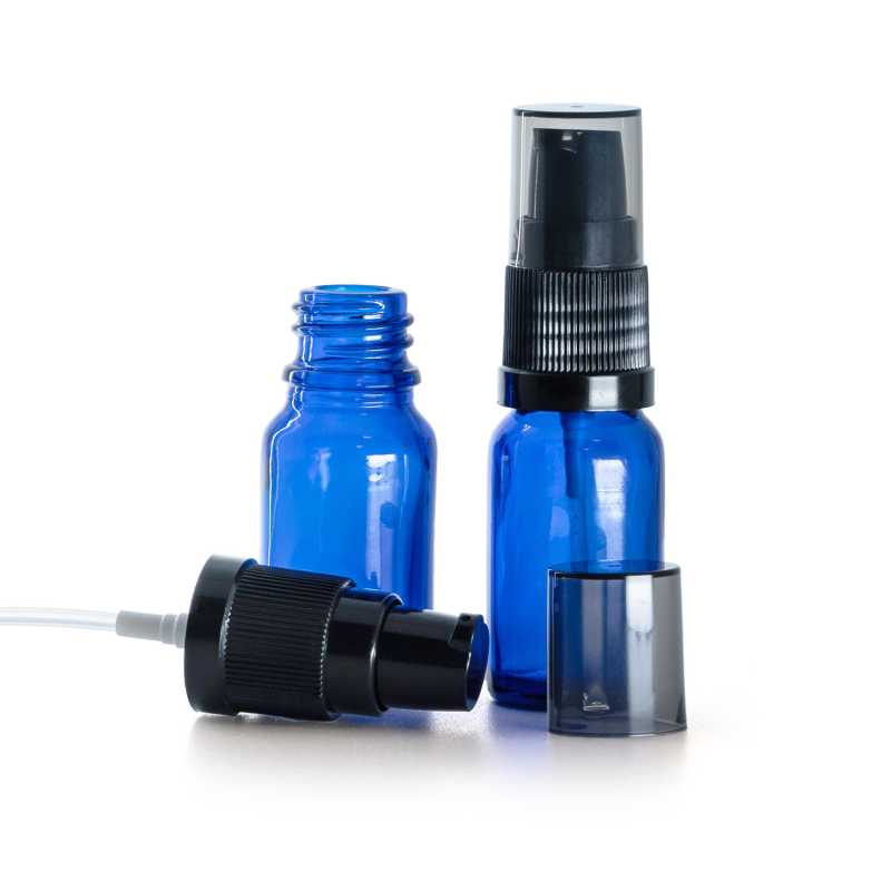 Flacon en verre bleu, pompe à lotion noire avec bouchon fumé, 10 ml