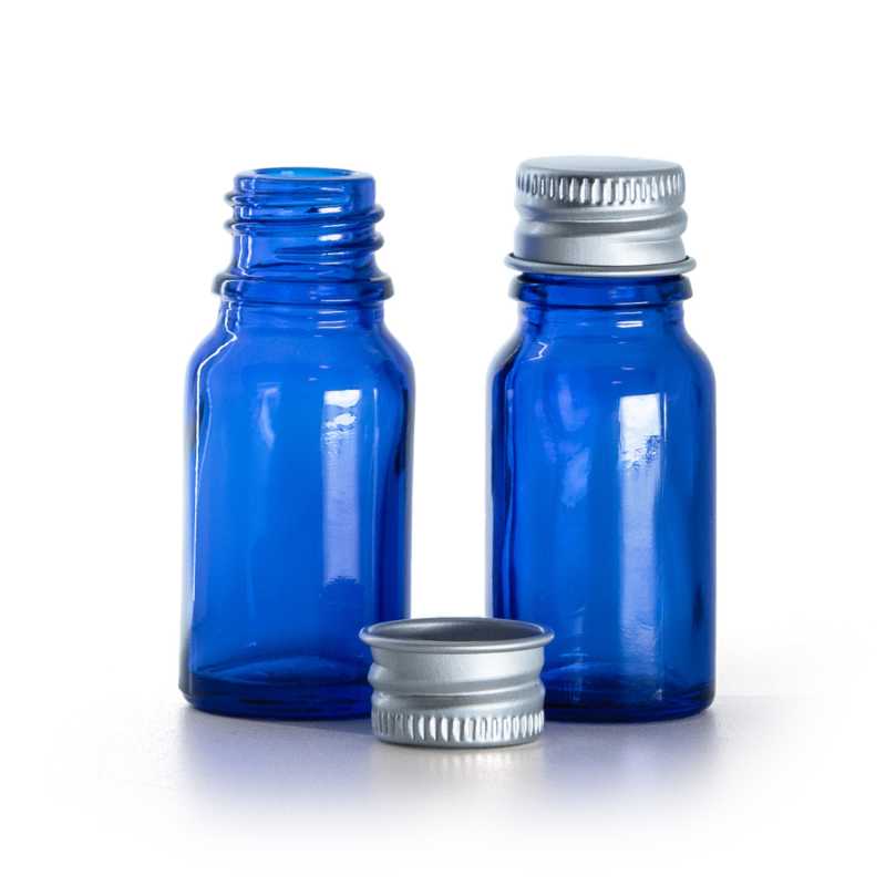 Flacon en verre bleu, bouchon en aluminium argenté, 10 ml