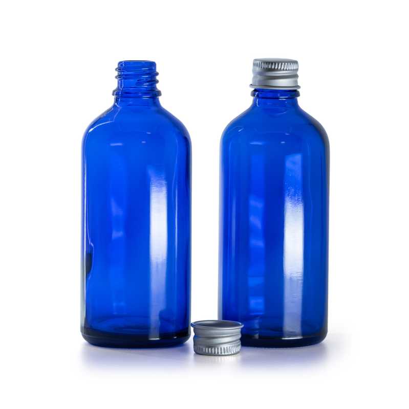 Flacon en verre bleu, bouchon en aluminium, 100 ml
