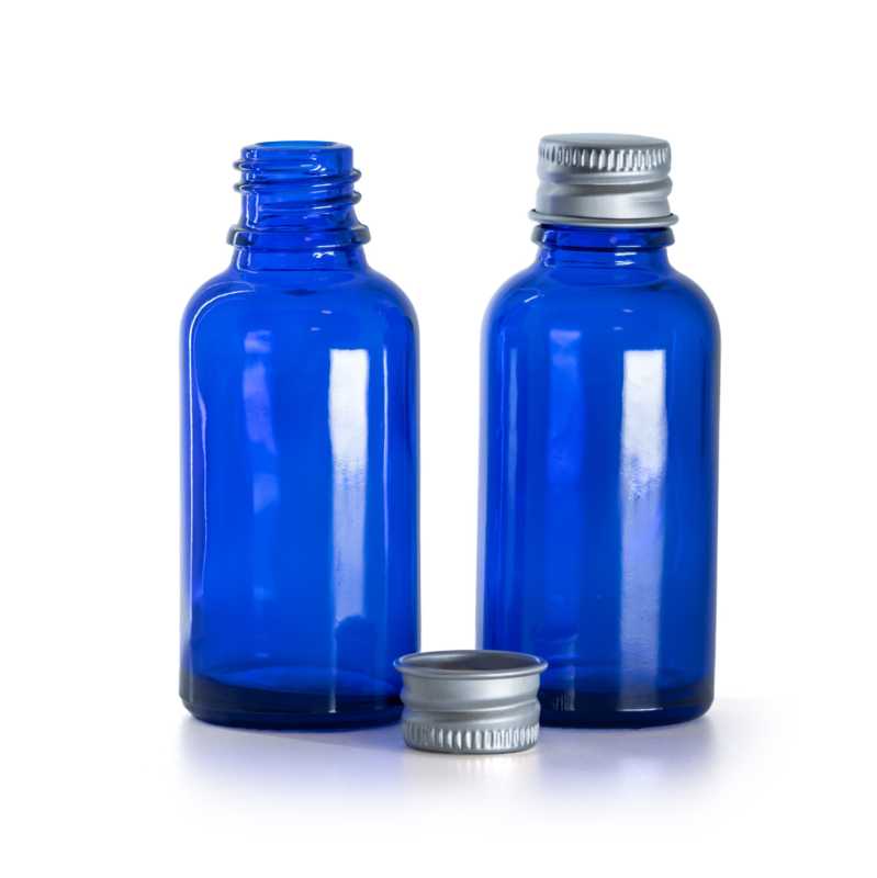 Flacon en verre bleu, bouchon en aluminium, 30 ml