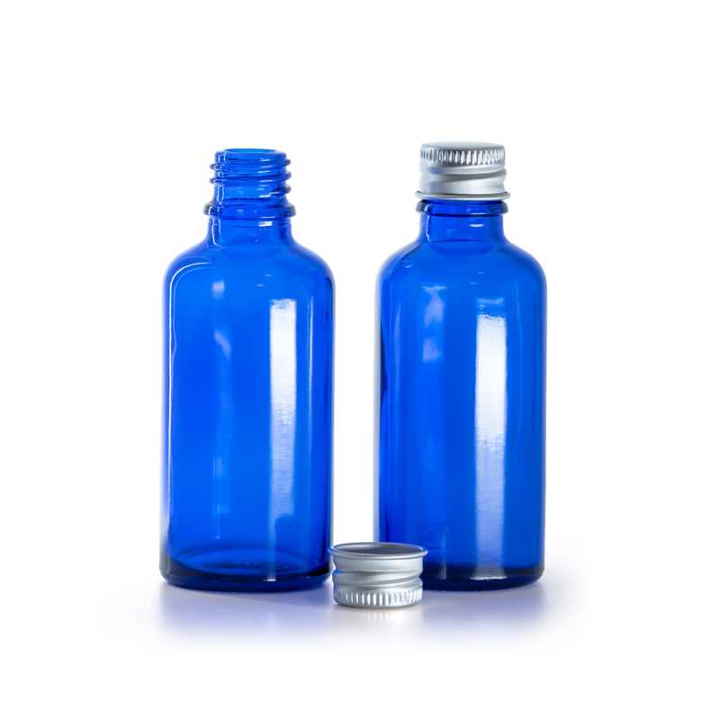 Flacon en verre bleu, bouchon en aluminium, 50 ml