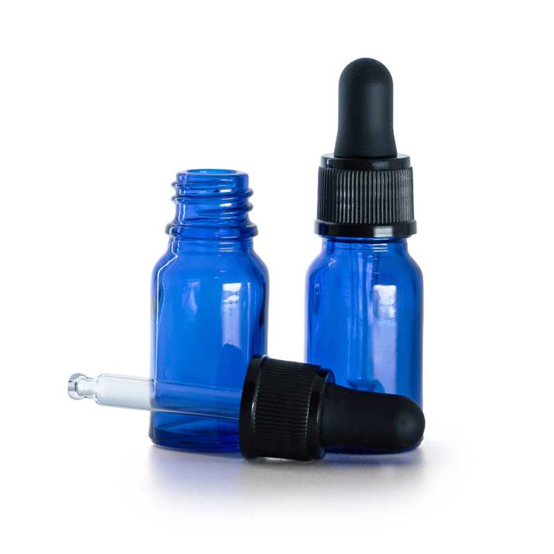 Flacon en verre bleu, compte-gouttes noir mat, 10 ml