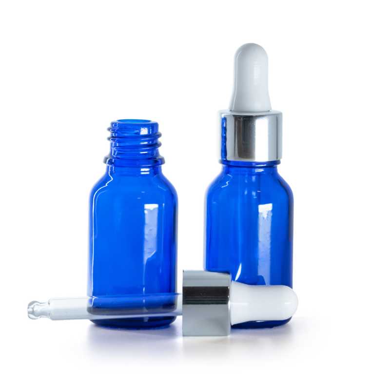 Flacon en verre bleu, compte-gouttes argenté brillant, 15 ml
