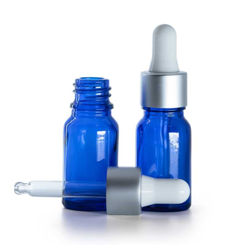Flacon en verre bleu, compte-gouttes en argent mat, 10 ml