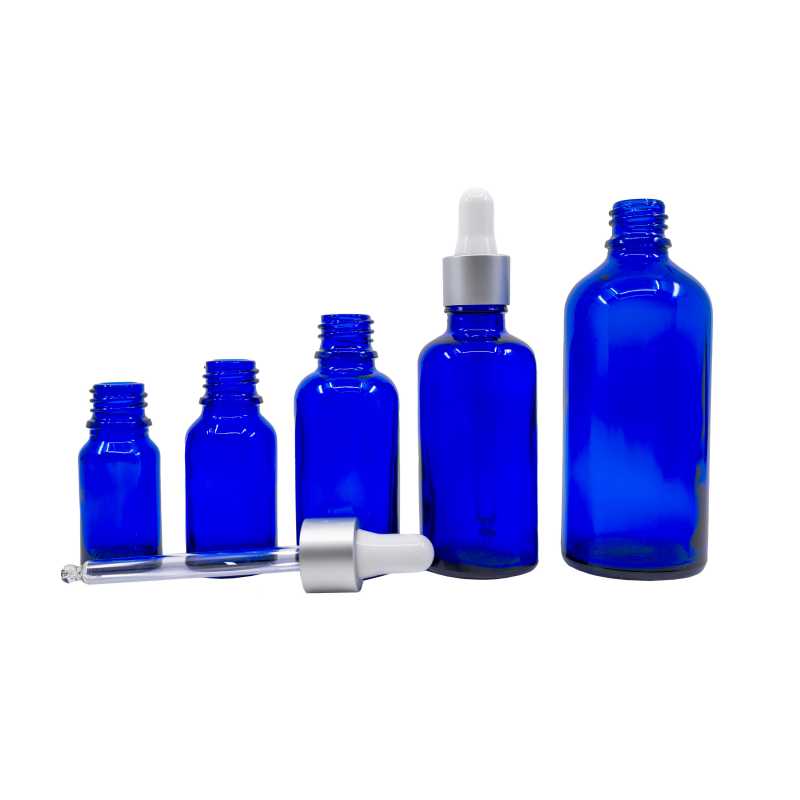 Bouteille en verre bleu, compte-gouttes en argent mat, 100 ml