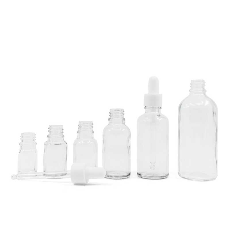 Flacon en verre transparent, compte-gouttes blanc lisse et mat, 30 ml