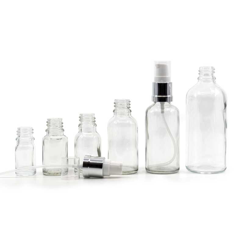 Flacon en verre transparent, pompe en argent brillant blanc, 50 ml