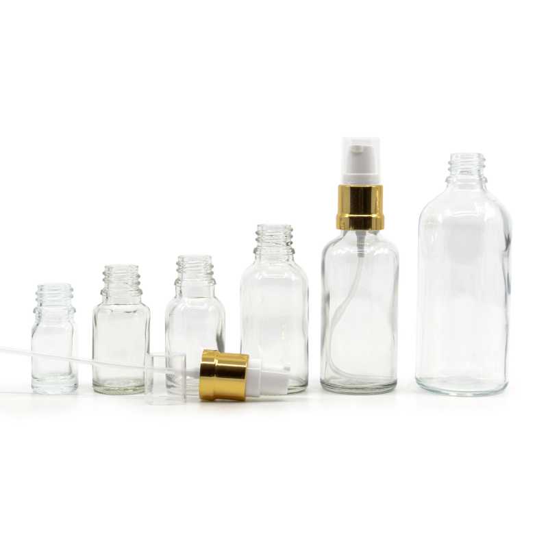 Flacon en verre transparent, pompe brillante blanc doré, 50 ml