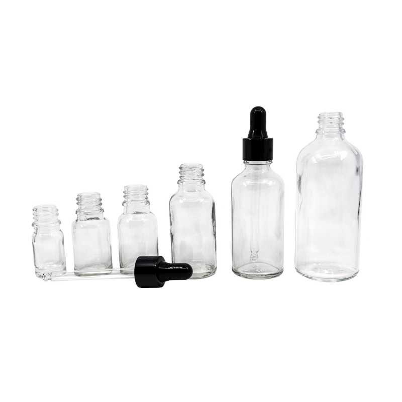 Flacon en verre transparent, compte-gouttes noir brillant, 30 ml