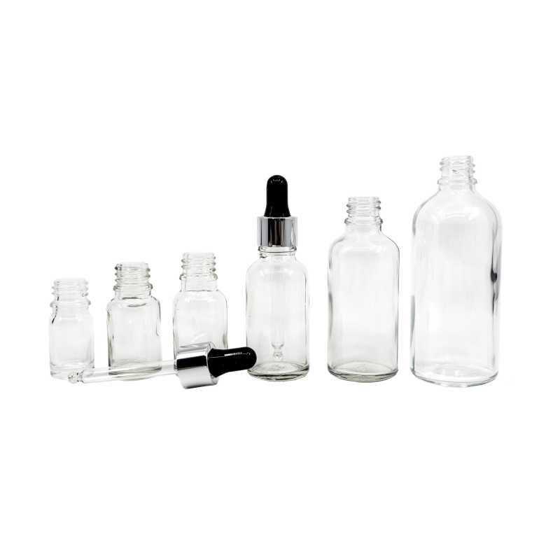 Flacon en verre transparent, compte-gouttes noir argenté, 15 ml