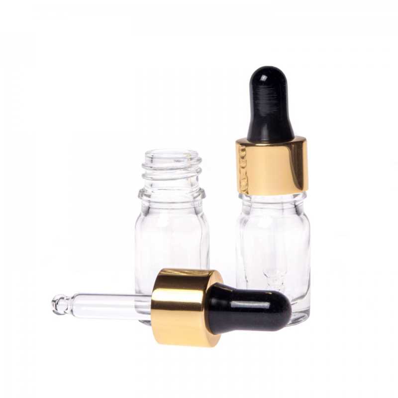 Flacon en verre transparent, compte-gouttes noir doré, 5 ml