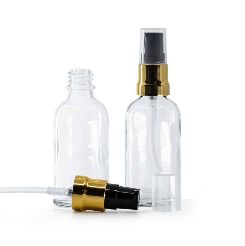 Flacon en verre transparent, pompe noire dorée brillante avec bouchon transparent, 50 ml