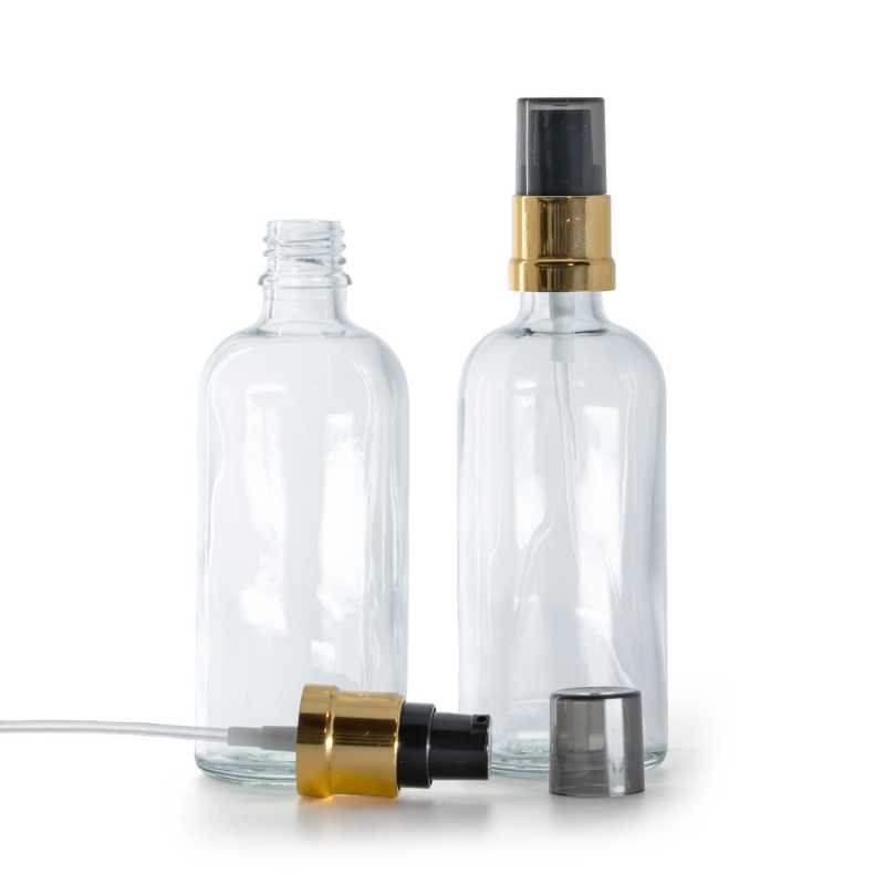 Flacon en verre transparent, pompe noire et dorée brillante avec surcapuchon fumé, 100 ml