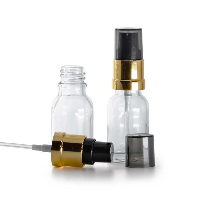 Flacon en verre transparent, distributeur noir et doré brillant avec surcapuchon fumé, 15 ml