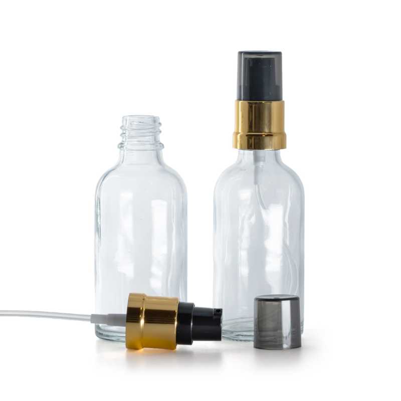 Flacon en verre transparent, pompe brillante noir or, 50 ml