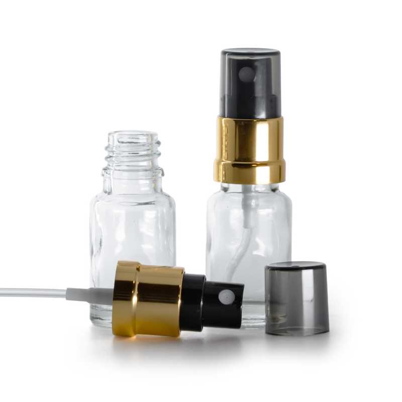 Flacon en verre transparent avec pompe spray noire et dorée et capot fumé 10 ml