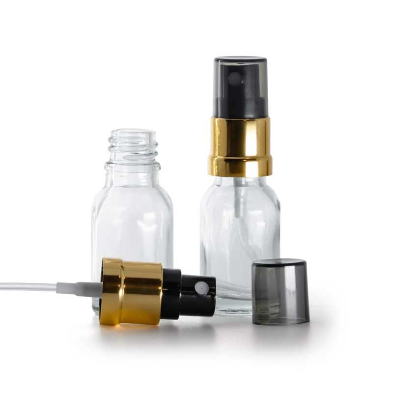 Flacon en verre transparent, pompe spray noir et or brillant, capot fumé, 15 ml