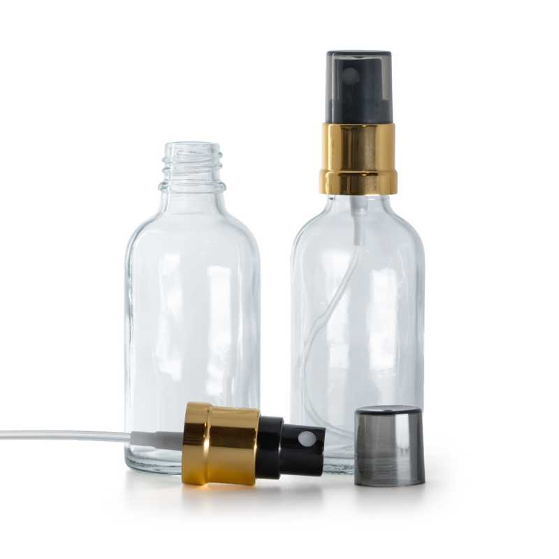 Flacon en verre transparent, vaporisateur noir et doré, surcapuchon fumé, 50 ml