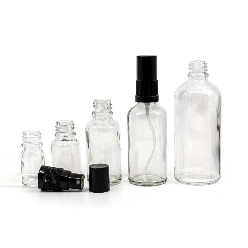 Flacon en verre transparent, vaporisateur noir, bouchon noir, 10 ml