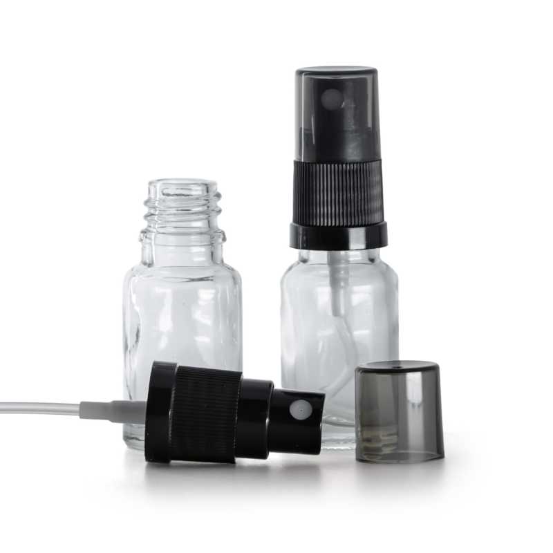Flacon en verre transparent, spray brume fine noir, surcapuchon fumé, 10 ml