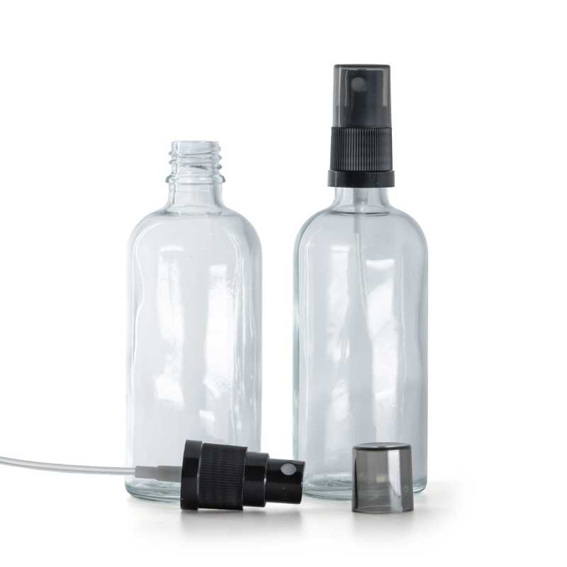 Flacon en verre transparent, spray brume fine noir, surcapuchon fumé, 100 ml