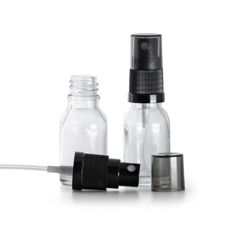 Flacon en verre transparent, spray brume fine noir, surcapuchon fumé, 15 ml