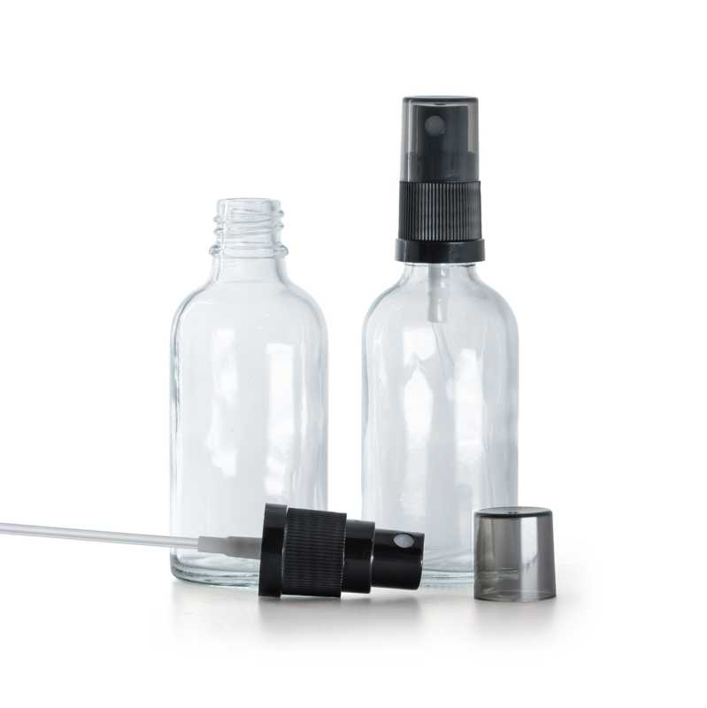 Flacon en verre transparent, spray brume fine noir, surcapuchon fumé, 30 ml