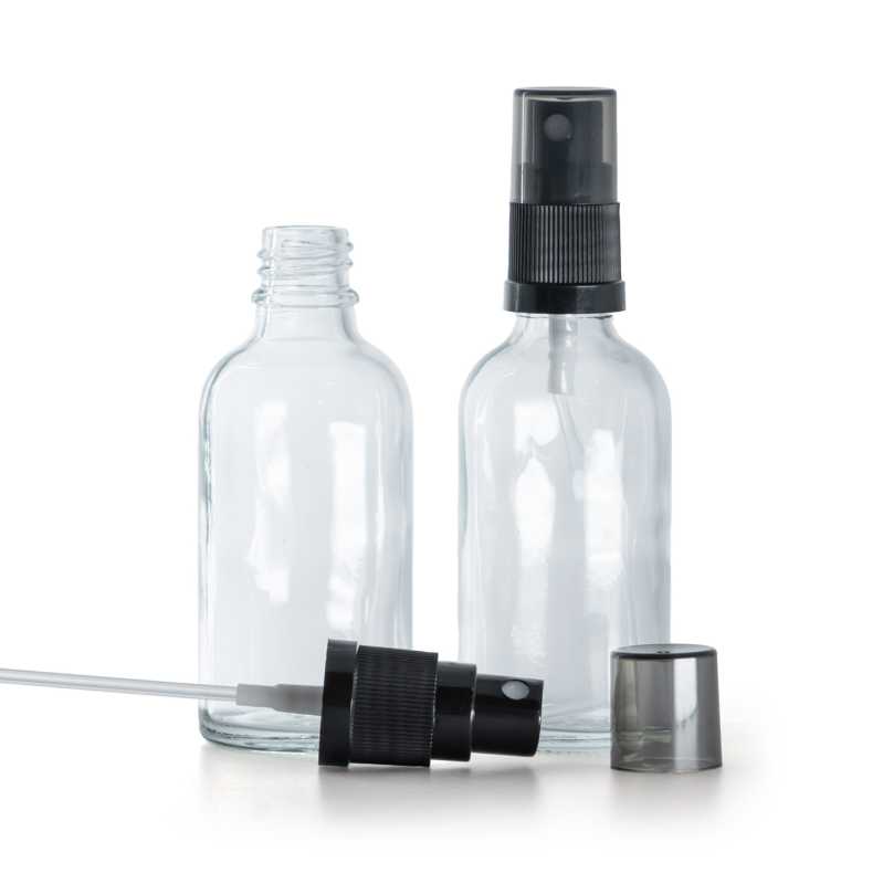 Flacon en verre transparent, vaporisateur noir, surcapuchon fumé, 50 ml