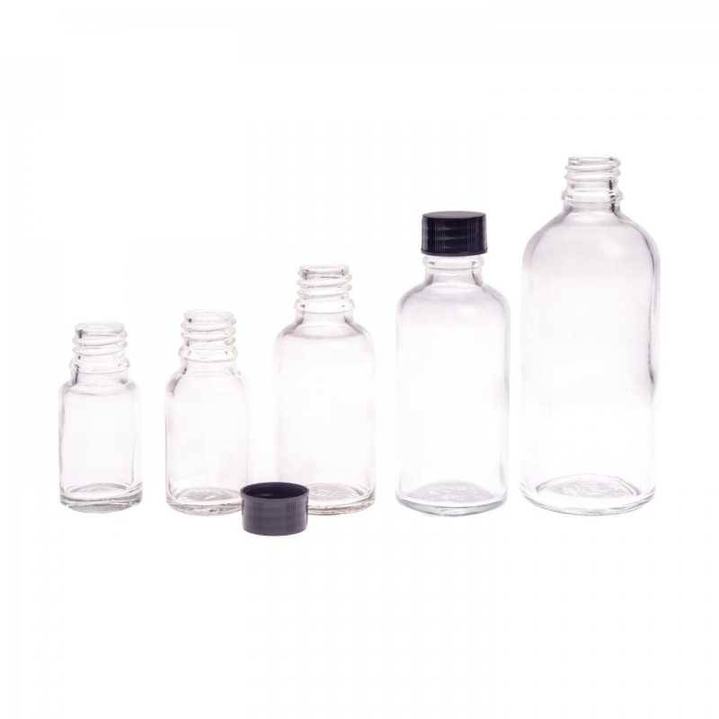 Bouteille en verre transparent, bouchon noir, 100 ml