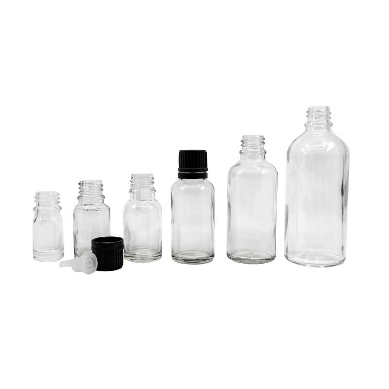 Flacon en verre transparent, bouchon noir et compte-gouttes 100 ml