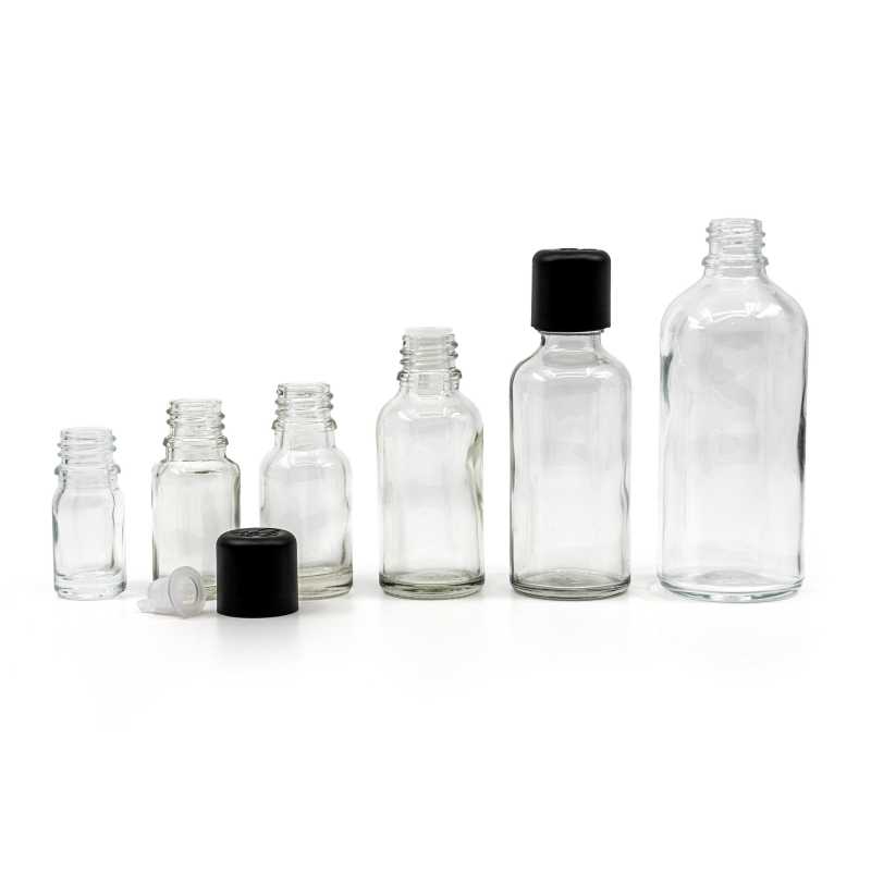 Flacon en verre transparent, bouchon de sécurité noir à témoin d'intégrité et compte-gouttes 100 ml