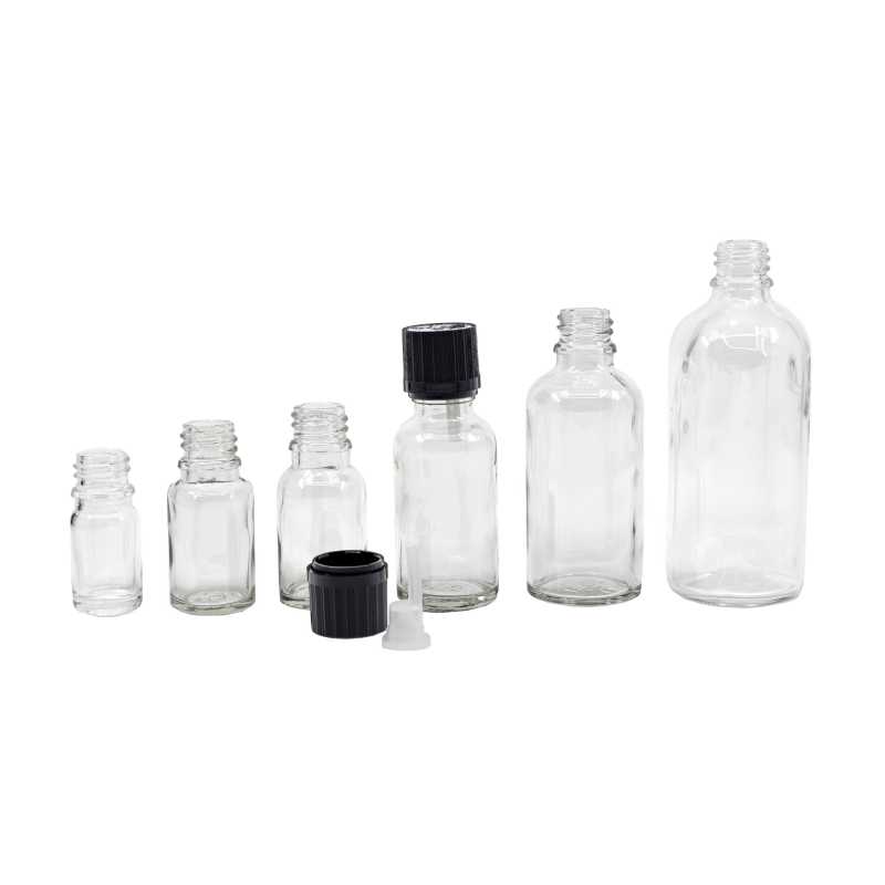 Flacon en verre transparent, bouchon de sécurité noir et compte-gouttes 10 ml