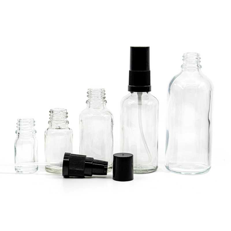 Flacon en verre transparent, pompe à lotion noire avec bouchon noir, 30 ml