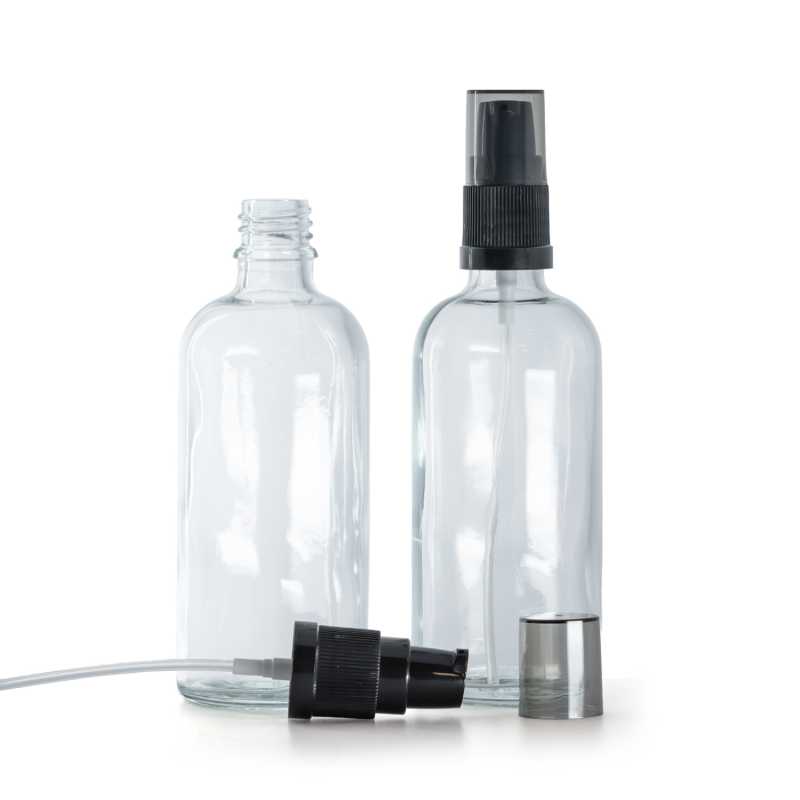 Flacon en verre transparent, distributeur de crème avec surcapuchon fumé, 100 ml