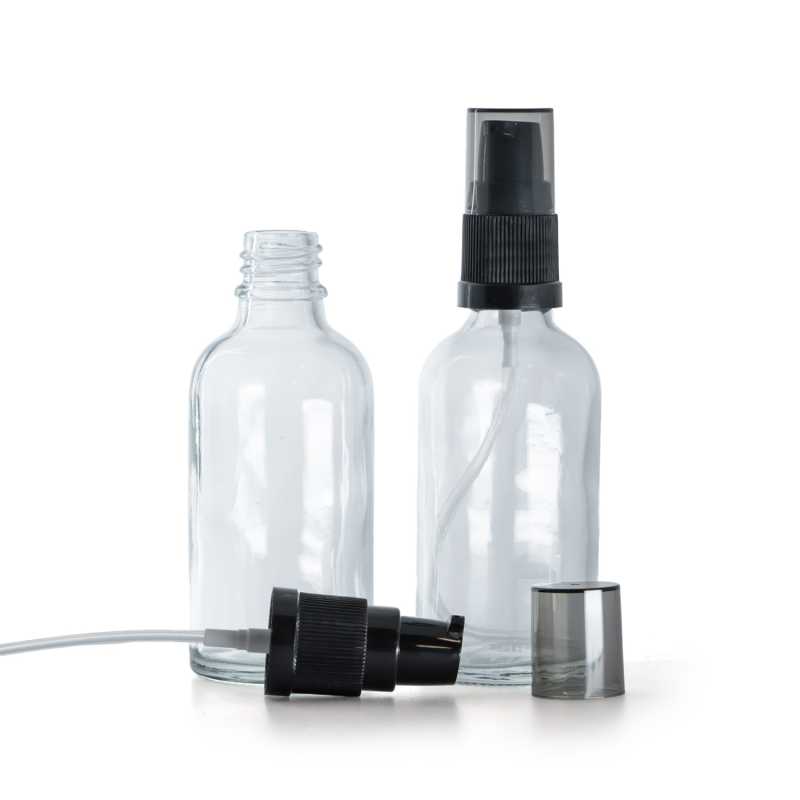 Flacon en verre transparent, distributeur de crème avec surcapuchon fumé, 50 ml