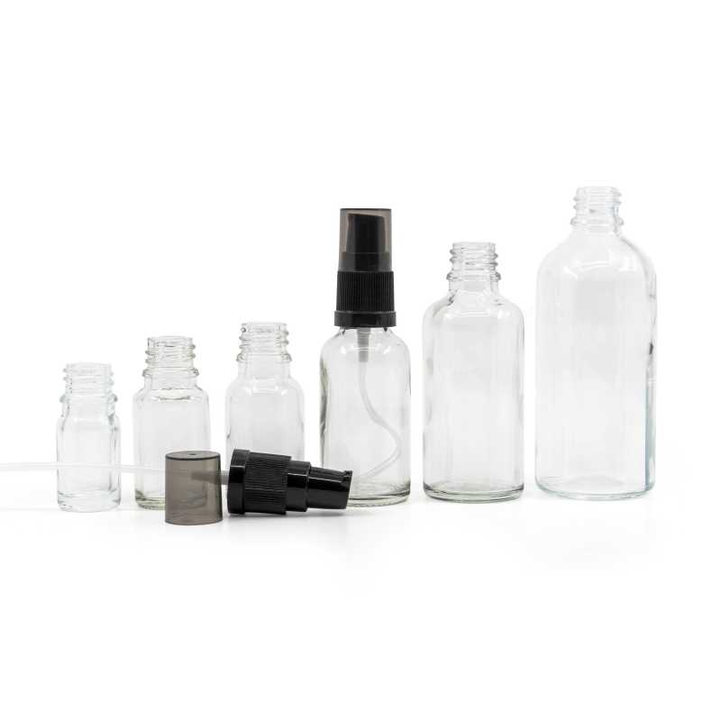 Bouteille en verre transparent, pompe à lotion noire avec bouchon fumé, 100 ml