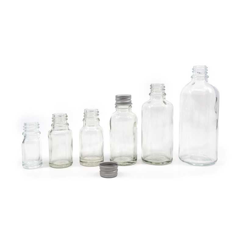 Flacon en verre transparent, bouchon en aluminium argenté, 15 ml