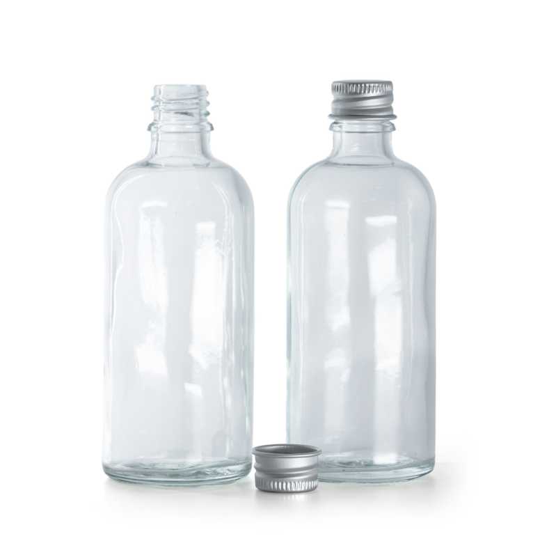 Flacon en verre transparent, bouchon en aluminium argenté, 100 ml