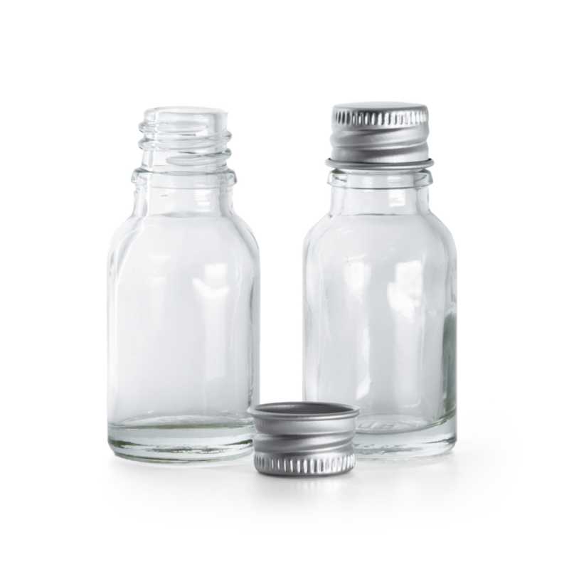 Flacon en verre transparent, bouchon en aluminium, 15 ml